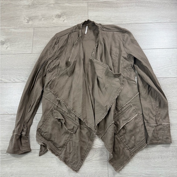 Free People Tan Waterfall Open Front Linen Buckle Raw Femme Jacket - Picture 3 of 11